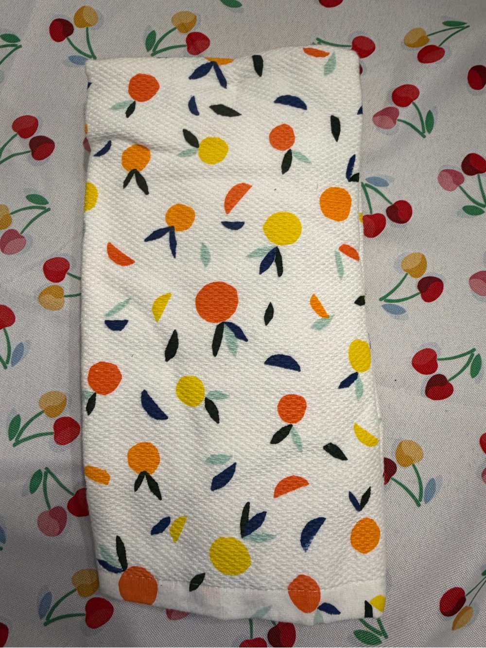 kate spade White Kitchen Towel with Orange, Yellow, Navy and Green Fruit Print